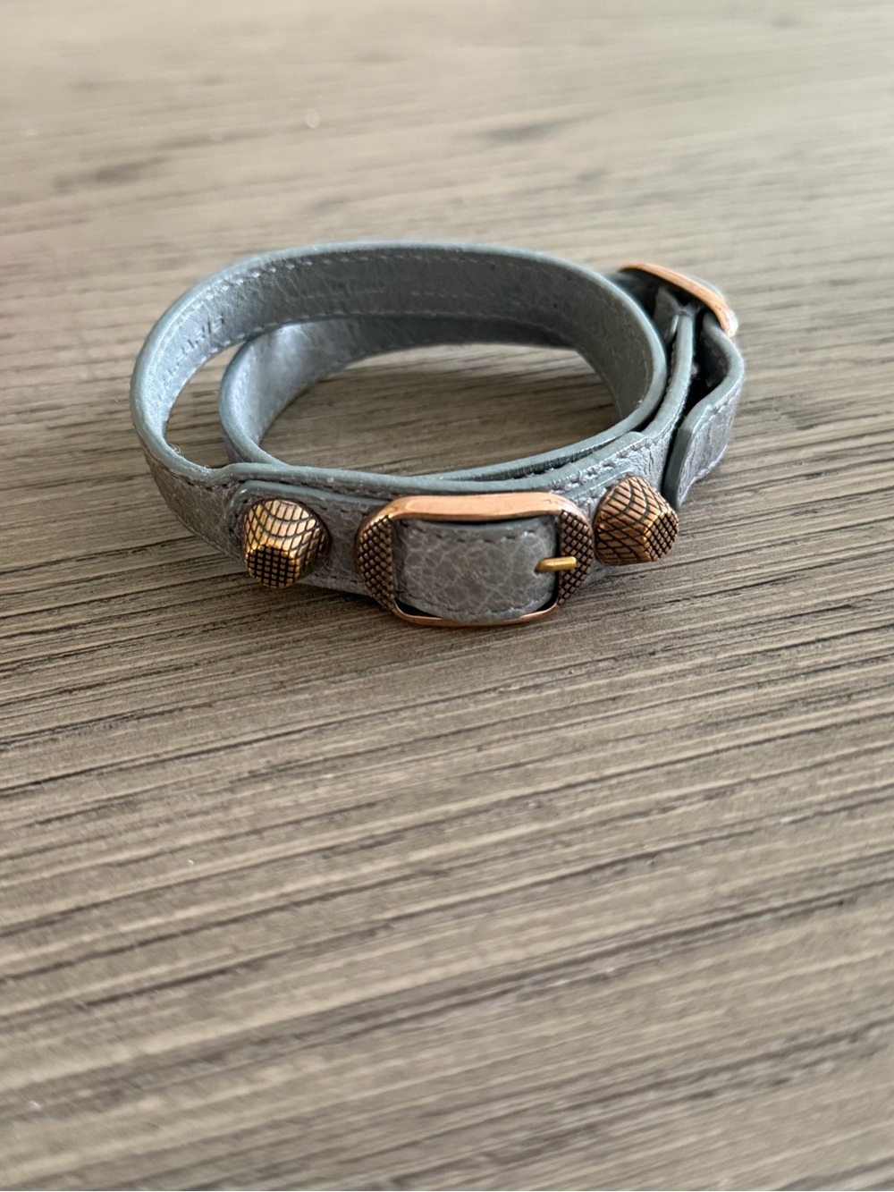 Balenciaga Gray Double-Wrap Leather Bracelet with Gold-Tone Studs